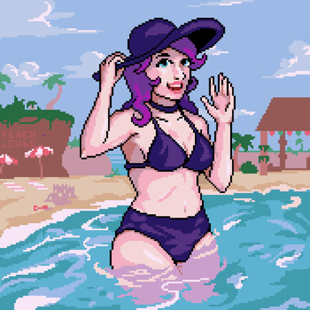 A thigh-up portrait of Abigail from Stardew valley. She is in the water at the beach, wearing a swimsuit and a hat.