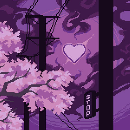 Swirling purple clouds surround a heart shaped moon. Power lines cut through the scene, and a tree with pink foliage sits in the bottom corner.