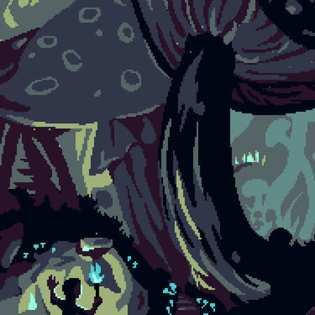 A snapshot of "Fungi Forest". A small human figure holds a torch, dwarfed by giant fungi that grow far into the distance.